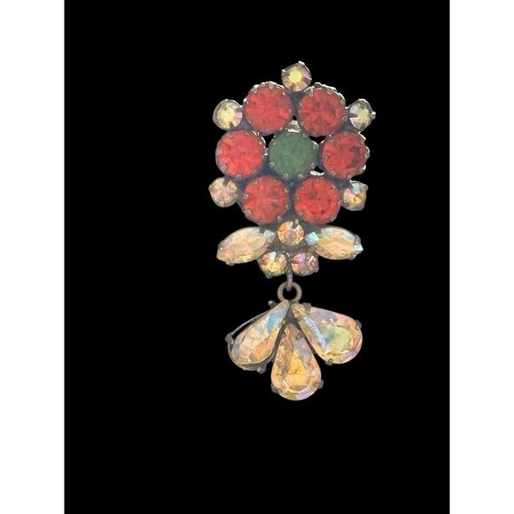 VENDOME Root Beer AB & Green Rhinestone Dangling Vintage Clip Earrings 2" Long - Picture 8 of 9